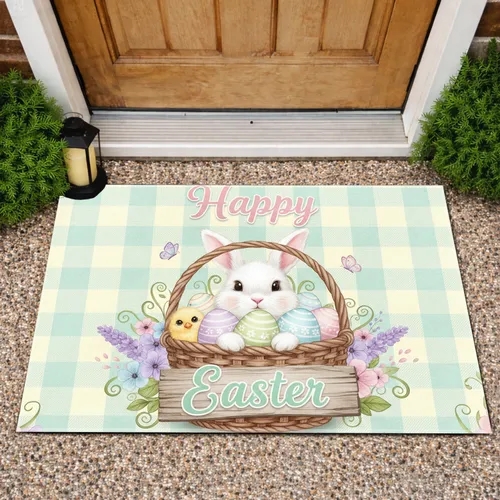 Happy Easter Bunny Eggs Wildflowers - Spring Holiday Home Decor Doormat