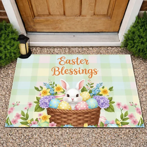 Easter Blessings Bunny Basket Spring Flowers - Easter Day Holiday Decor Doormat