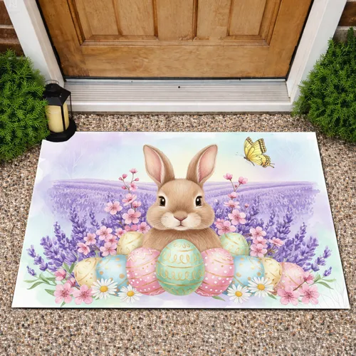 Fluffy Bunny Easter Eggs Wildflower Lavender - Spring Easter Decor Gift Doormat