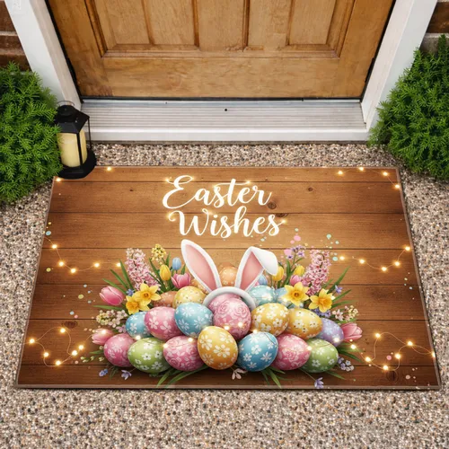 Easter Wishes Bunny Ears Easter Eggs Spring Flowers - Easter Home Decor Gift Doormat