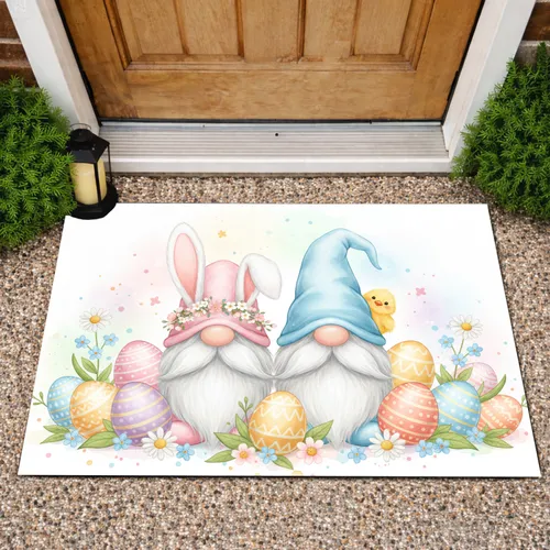 Easter Gnomes Patterned Eggs Spring Flowers - Easter Holiday Home Decor Doormat
