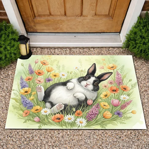 Fluffy Black White Bunny Wildflowers - Home Decor Gift for Animal Lover Doormat