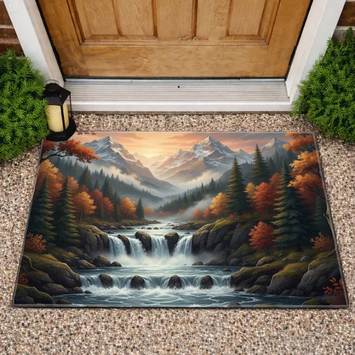 Autumn Mountain River Waterfalls Evergreen Forest Snow-Capped Mountains Home Decor Gift Doormat