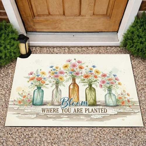 Glass Bottles Wildflowers 'Bloom Where You Are Planted' - Farmhouse Home Decor Gift Doormat