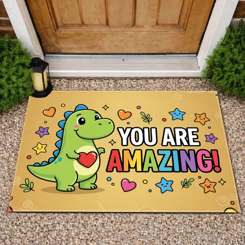 Friendly Green Dinosaur Heart 'YOU ARE AMAZING!' Text - Home Decor Gift for Dinosaur Lover Doormat