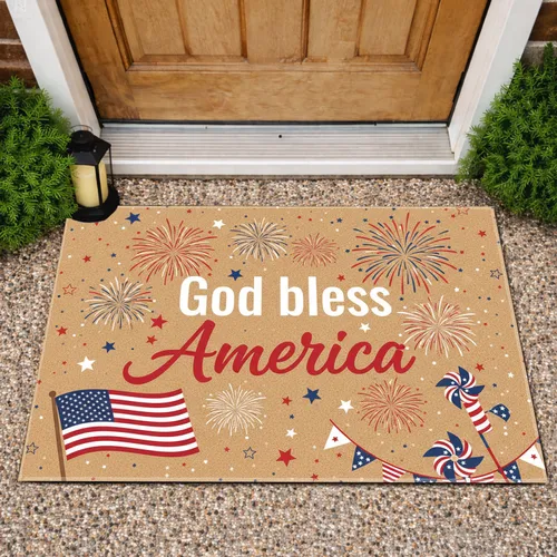 God bless America Text Flag Fireworks - Independence Day Gift for Veterans Doormat