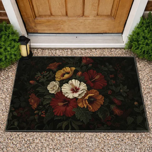 Hibiscus Poppies Red Berries Foliage Botanical Tapestry - Home Decor Gift Doormat