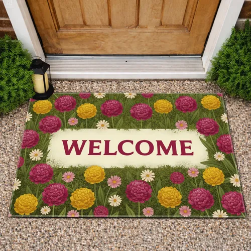 Welcome Sign Spring Summer Floral Meadow Olive Green - Home Decor Gift Doormat