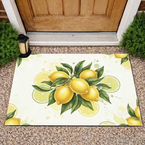 Yellow Lemon Fruit Slices Green Leaves - Botanical Home Decor Gift for Garden Lover Doormat