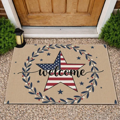 American Flag Welcome Star Wreath - Independence Day Gift for Fourth of July Hosts Doormat