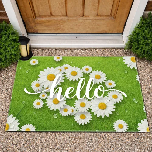 Hello White Daisy Green Field - Spring Home Decor Gift Doormat