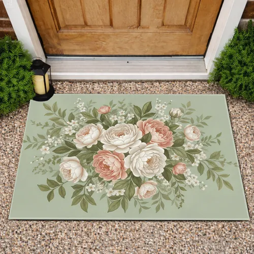 Peach Cream Garden Rose Peony Sage Botanical Floral - Home Decor Gift Doormat