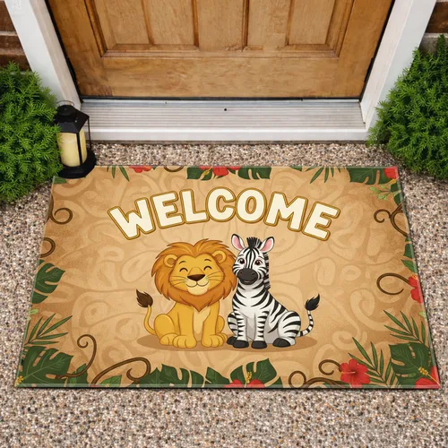 Lion Zebra Welcome Sign Tropical Leaves Flowers - Home Decor Gift for Wildlife Lover Doormat