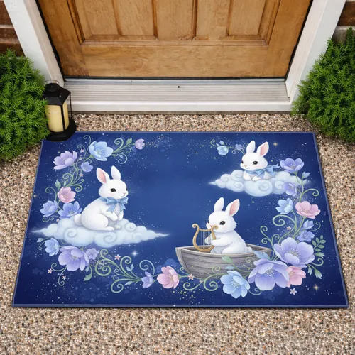 White Bunnies Clouds Stars Flowers - Home Decor Gift for Bunny Lovers Doormat