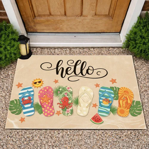 Hello Flip Flops Beach Charms Tropical Leaves - Coastal Summer Home Decor Doormat