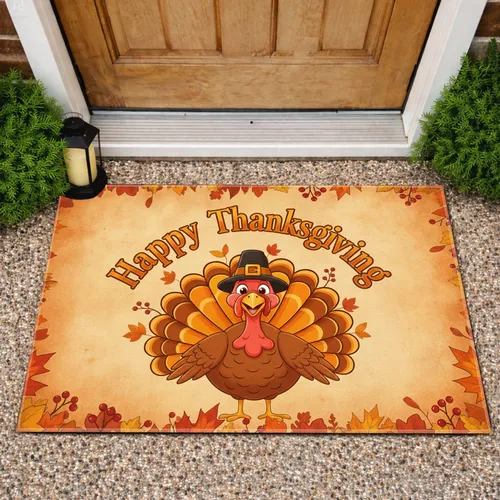 Turkey Pilgrim Hat Maple Oak Leaves - Happy Thanksgiving Holiday Doormat