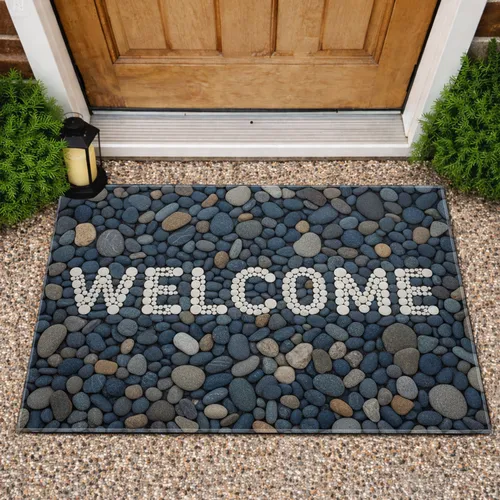 WELCOME Pebble Text River Stone Mosaic - Home Decor Gift Doormat