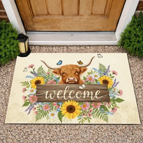 Highland Cow Welcome Sign Wildflower - Farmhouse Home Decor Gift for Cow Lover Doormat