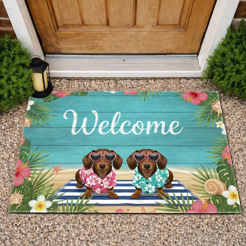 Welcome Dachshunds Heart Sunglasses Hawaiian Shirt Tropical Beach Home Decor Gift Doormat