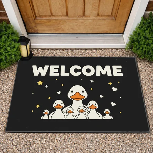 White Duck Family Welcome Sign Stars Hearts Sparkle - Everyday Home Decor Gift Doormat