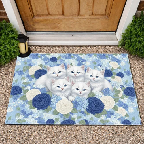 Fluffy White Kittens Blue Rose Hydrangea - Cat Lover Home Decor Gift Doormat