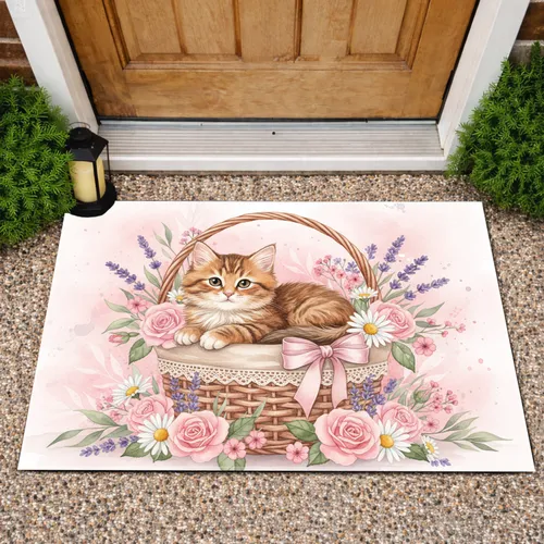 Tabby Kitten Woven Basket Roses Lavender Daisy Floral - Home Decor Gift for Cat Lovers Doormat