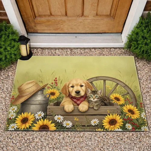 Golden Retriever Puppy Kitten Wildflowers - Farmhouse Home Decor Gift Doormat