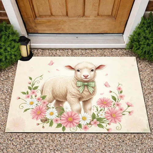 Cream Lamb Gingham Bow Pink Floral Garden - Farmhouse Decor Gift for Lamb Lover Doormat