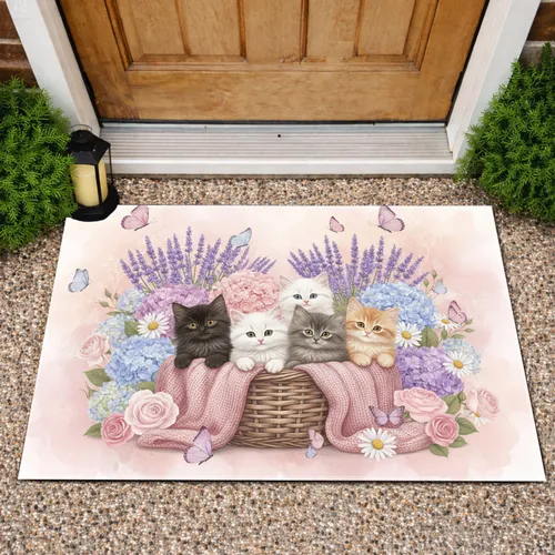 Fluffy Kittens Rustic Basket Hydrangeas Roses Lavender - Cat Lover Home Decor Gift Doormat