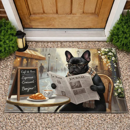 Spectacled French Bulldog Cafe Newspaper Croissant - Bistro Home Decor Gift for Dog Lover Doormat