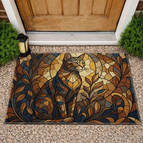 Stained Glass Cat Geometric Mosaic Botanical Swirls - Home Decor Gift for Cat Lovers Doormat