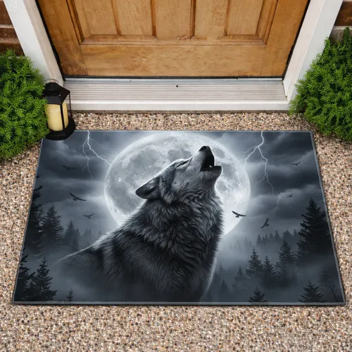 Howling Wolf Full Moon Stormy Forest - Wildlife Lover Home Decor Gift for Wolf Lover Doormat