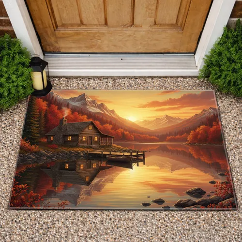 Snowy Peaks Autumn Mountain Lake Log Cabin Rowboat - Home Decor Gift Doormat