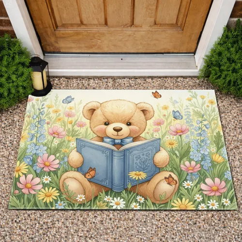 Teddy Bear Reading Book Wildflower Meadow - Home Decor Gift for Garden Lover Doormat