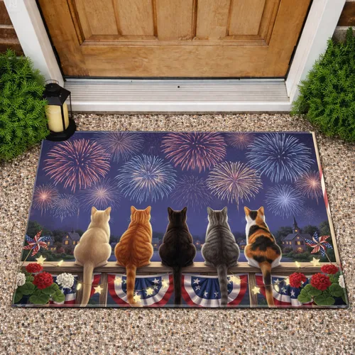 Five Cats Fireworks American Flag Porch - Independence Day Gift for Cat Lovers Doormat