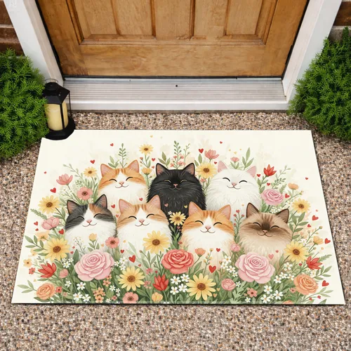 Nine Smiling Cats Wildflower Meadow Hearts - Home Decor Gift for Cat Lover Doormat