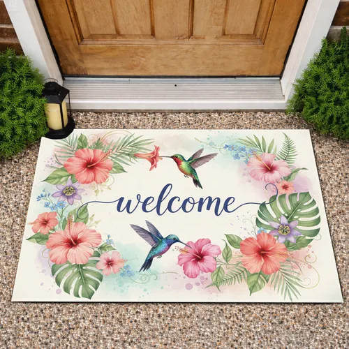 Welcome Hummingbird Tropical Hibiscus Floral - Home Decor Gift Doormat