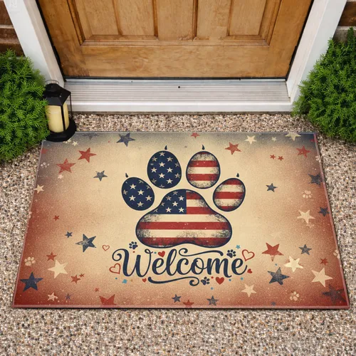 American Flag Paw Print Welcome - Independence Day Gift for Veterans Doormat