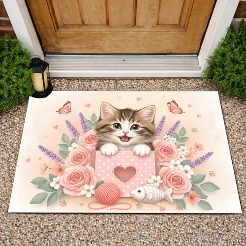 Tabby Kitten Pink Box Floral Roses Lavender Hearts - Home Decor Gift for Cat Lover Doormat