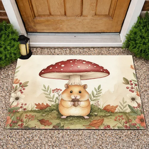 Fluffy Hamster Red Mushroom Wildflower Autumn Foliage - Wildlife Home Decor Gift Doormat