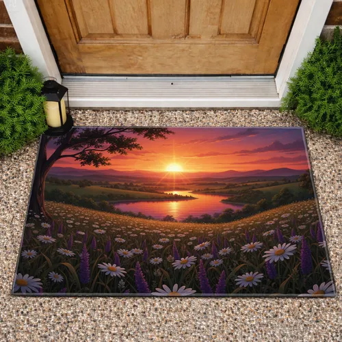 River Sunset Wildflower Meadow Tree Silhouette - Home Decor Gift Doormat