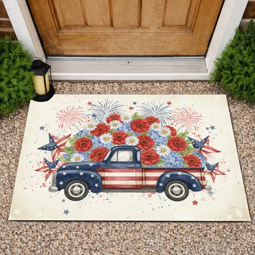 Vintage Pickup Truck American Flag Flowers - Independence Day Gift for Veterans Doormat