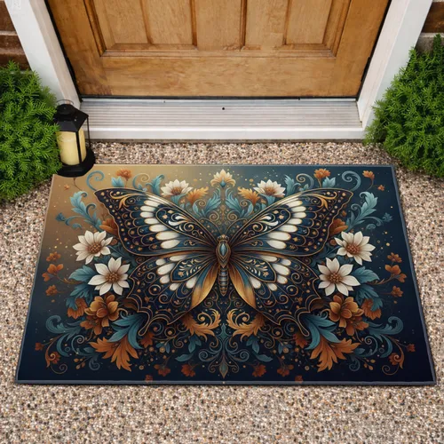 Butterfly Botanical Flowers Foliage Swirling Tendrils - Home Decor Gift Doormat