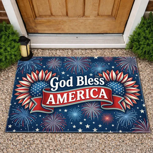 God Bless America Sunflower Fireworks - Independence Day Gift for Veterans Doormat