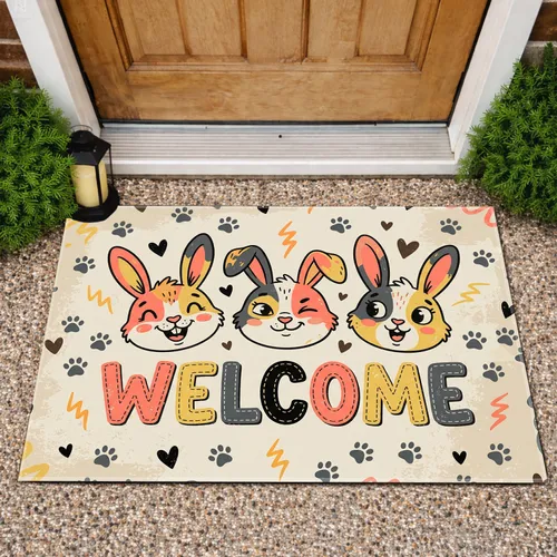 Welcome Bunny Faces Paw Prints Hearts Lightning Squiggles - Everyday Home Decor Gift for Bunny Lover Doormat