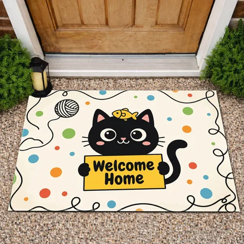 Black Cat Welcome Home Sign - Home Decor Gift for Cat Lover Doormat