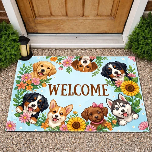 WELCOME Playful Puppies Wildflower Garden - Home Decor Gift for Dog Lover Doormat
