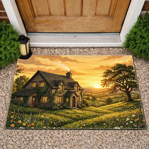 Ivy Stone Cottage Wildflower Meadow Sunset - Home Decor Gift for Garden Lovers Doormat