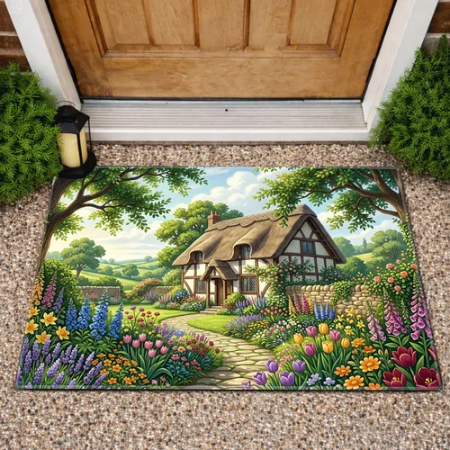 Thatched Cottage Garden Wildflower Path - Home Decor Gift for Homeowner Doormat