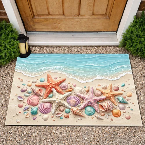 Starfish Seashells Sandy Beach Waves - Coastal Home Decor Gift Doormat